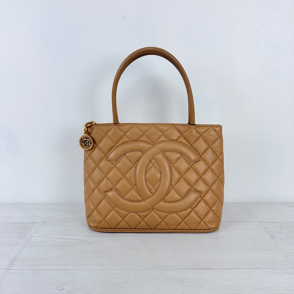 Chanel Medallion Tote Beige Quilted Caviar Leather Gold Luxury Vintage Neutral